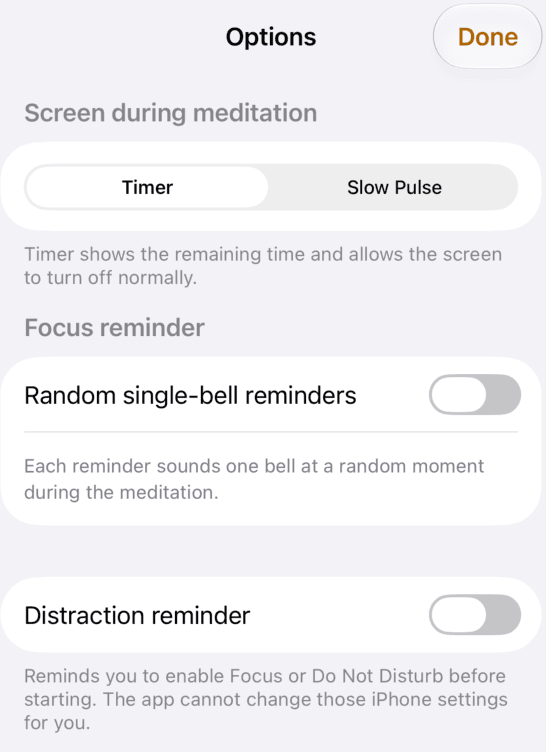 Meditation Bells options: Timer or Slow Pulse screen, random single-bell reminders and distraction reminder