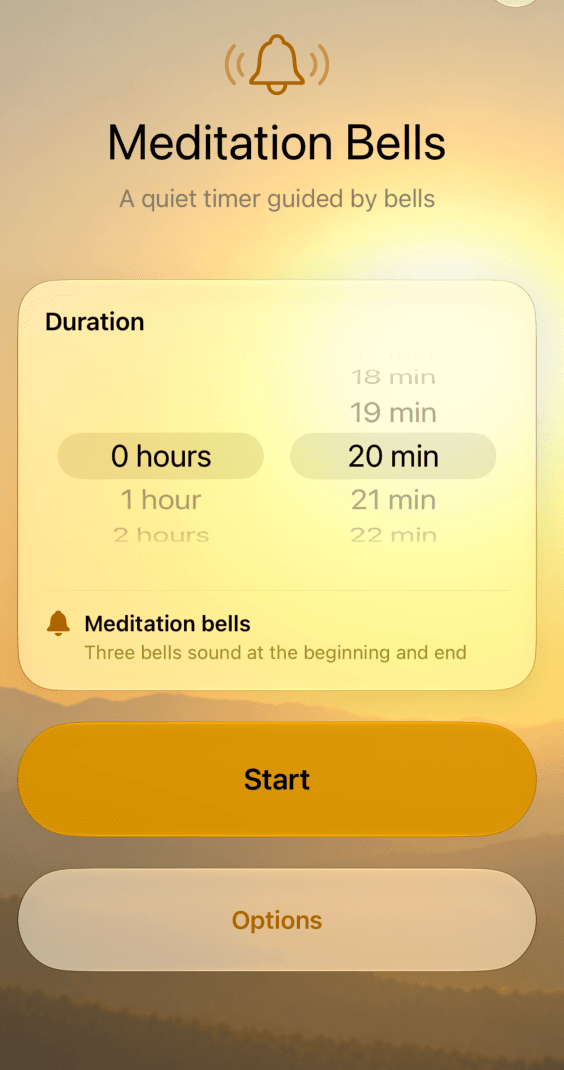 Meditation Bells start screen with the duration picker set to 20 minutes and the Start button